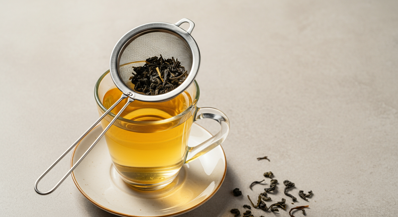 Stainless-steel mesh tea strainer resting over a teacup of golden-green tea, with loose leaves inside and scattered nearby on a light stone surface.