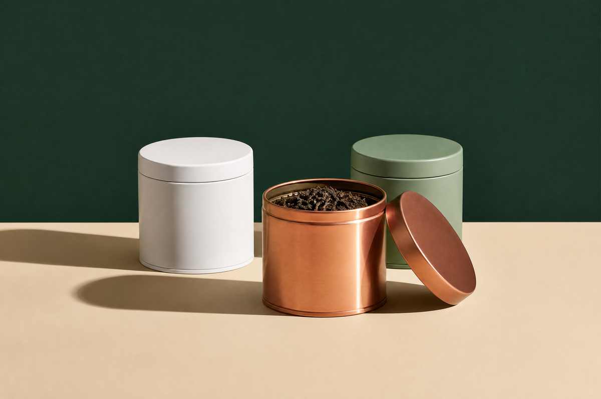 Three plain round metal tea storage tins with lids in matte white, sage green and brushed copper