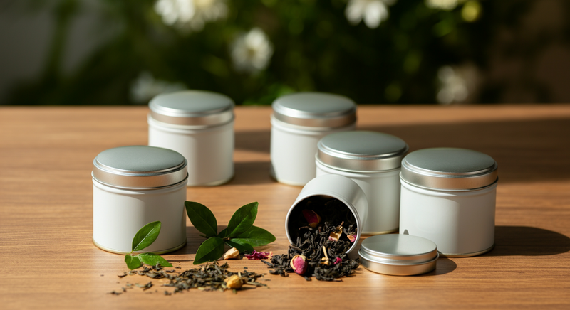 Minimalist unlabeled tea tins on a wooden surface, some open to reveal loose-leaf tea, with scattered leaves and soft daylight creating a calm, organic mood.