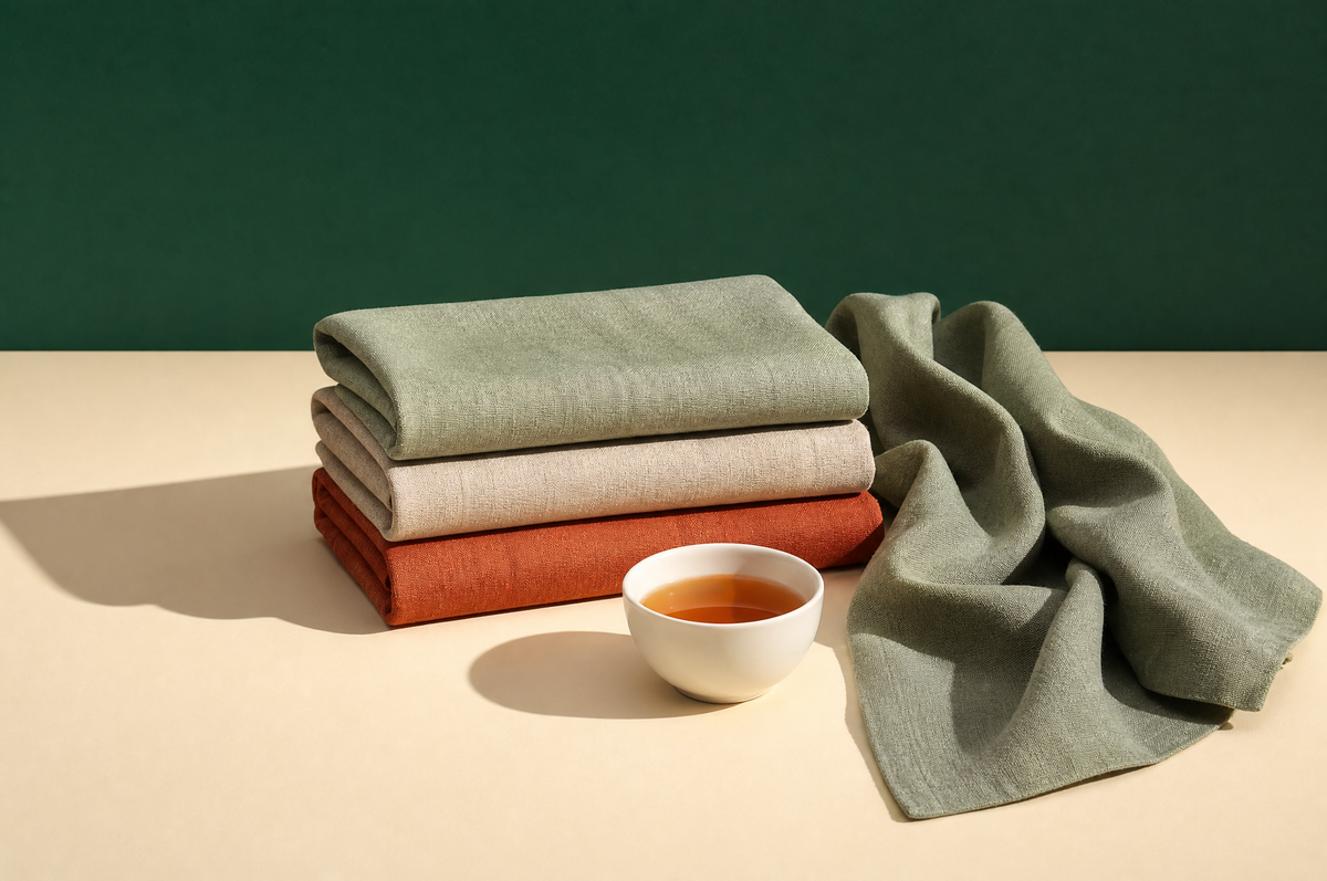 A neat stack of three folded plain linen tea towels in solid sage green, oatmeal and rust