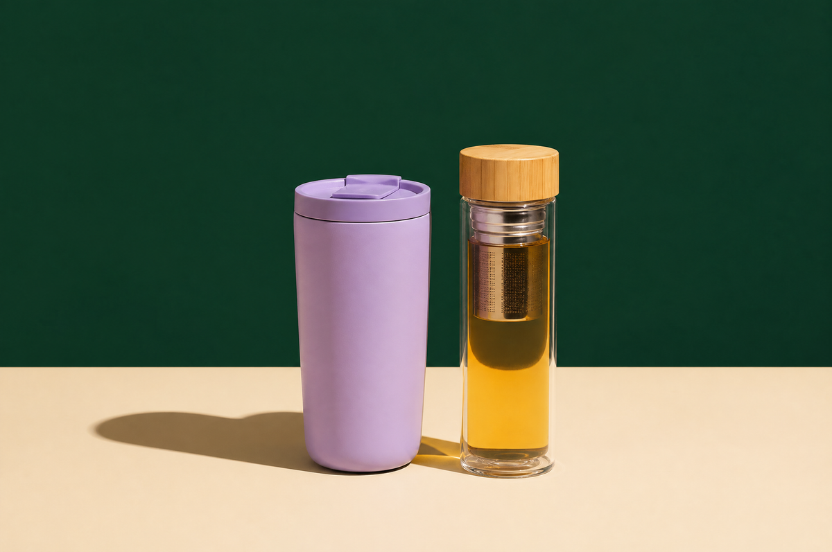 A matte lavender insulated stainless steel travel tumbler with a closed sliding lid