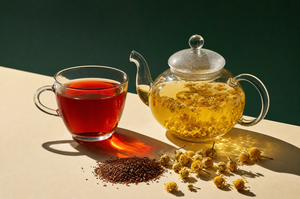 Cup of rooibos tea and glass teapot of chamomile tea