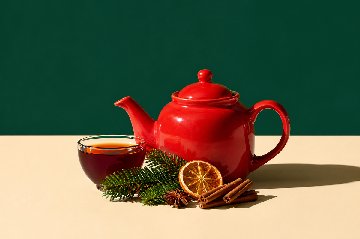 A glossy red ceramic teapot and a small clear glass cup of dark amber black tea, with a short sprig of evergreen fir