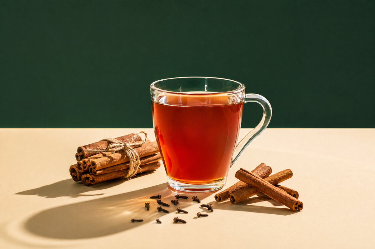A clear glass mug of reddish-amber spiced tea, a small bundle of whole cinnamon sticks tied with plain twine