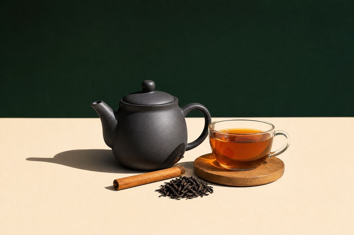 A matte charcoal ceramic teapot beside a clear glass cup of warm amber black tea on a round wooden coaster