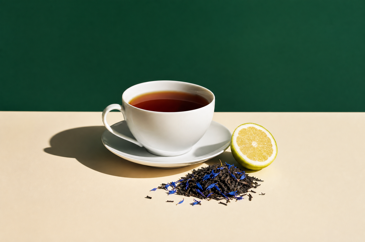 A white porcelain teacup and saucer of dark amber black tea