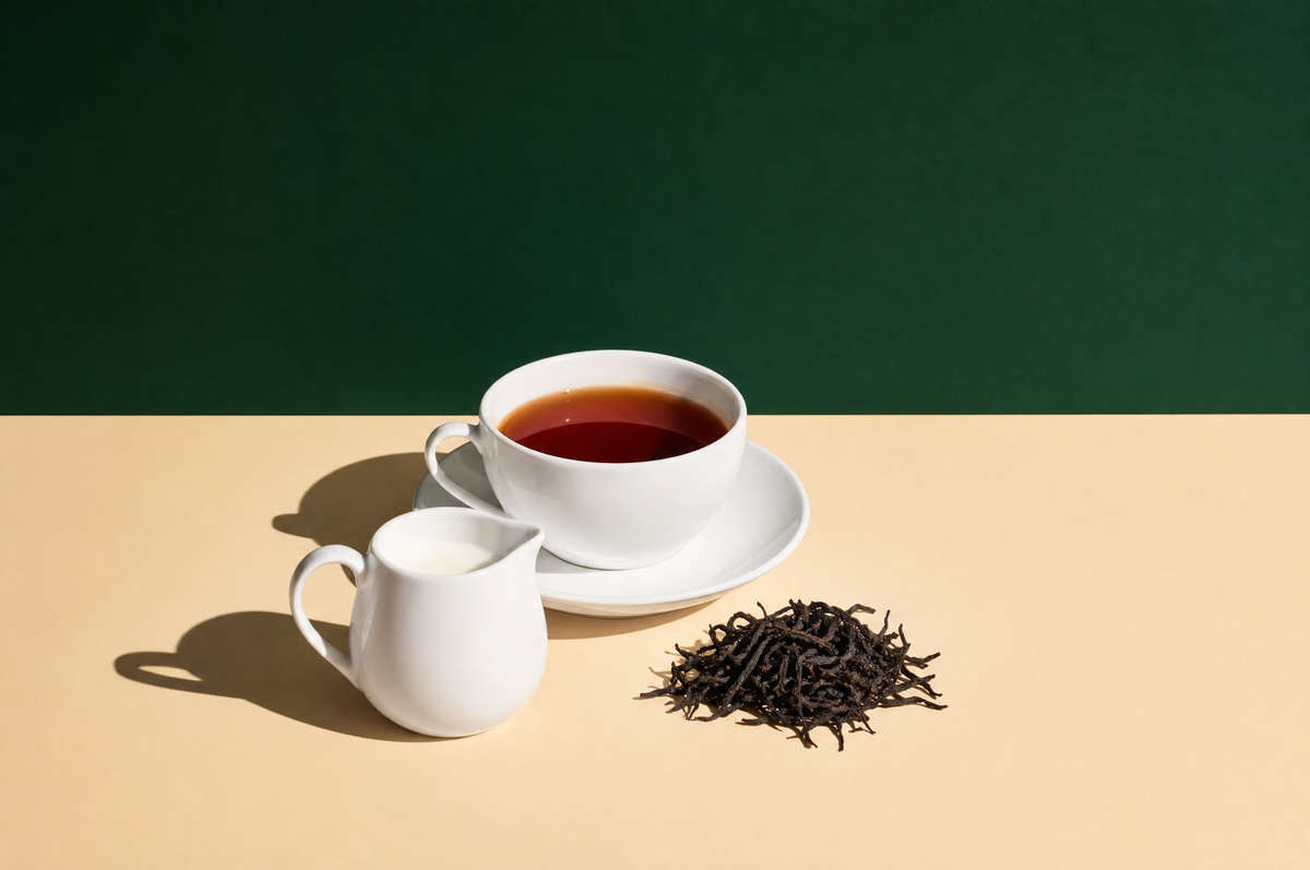 A plain white porcelain teacup on a saucer filled with deep reddish-brown black tea, a small plain white milk jug beside it