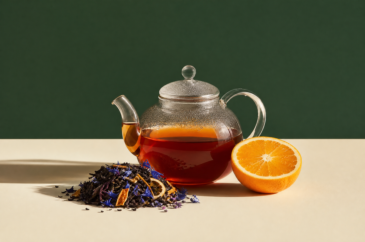 A clear glass teapot of amber black tea beside a small heap of loose black tea blended with bright blue cornflower petals