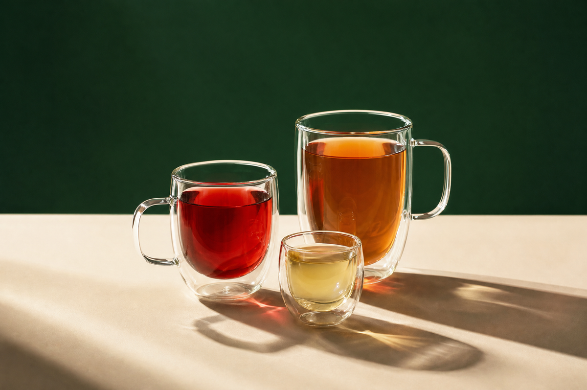Two double-wall clear glass tea mugs of different heights
