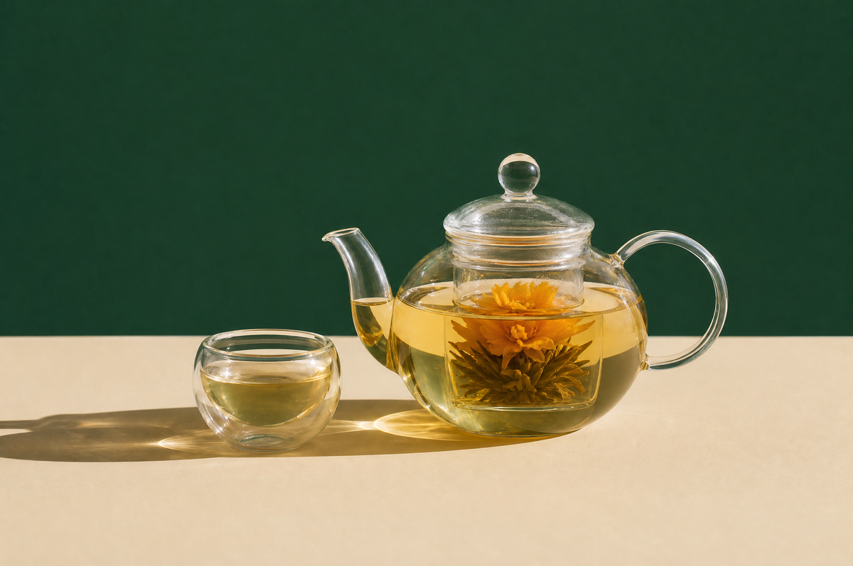A round clear borosilicate glass teapot with a clear glass infuser inside