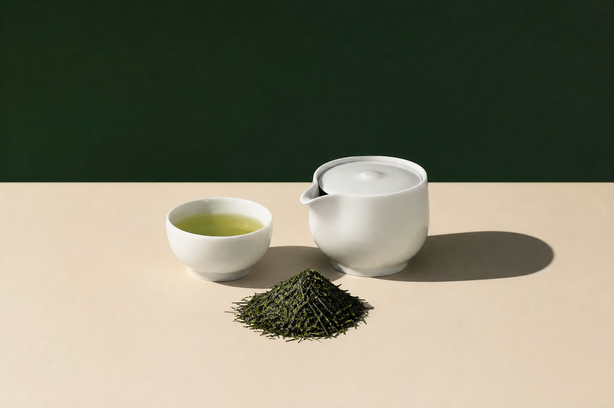 A tiny handleless white porcelain Japanese hohin teapot and a small white porcelain cup of pale emerald-green gyokuro tea
