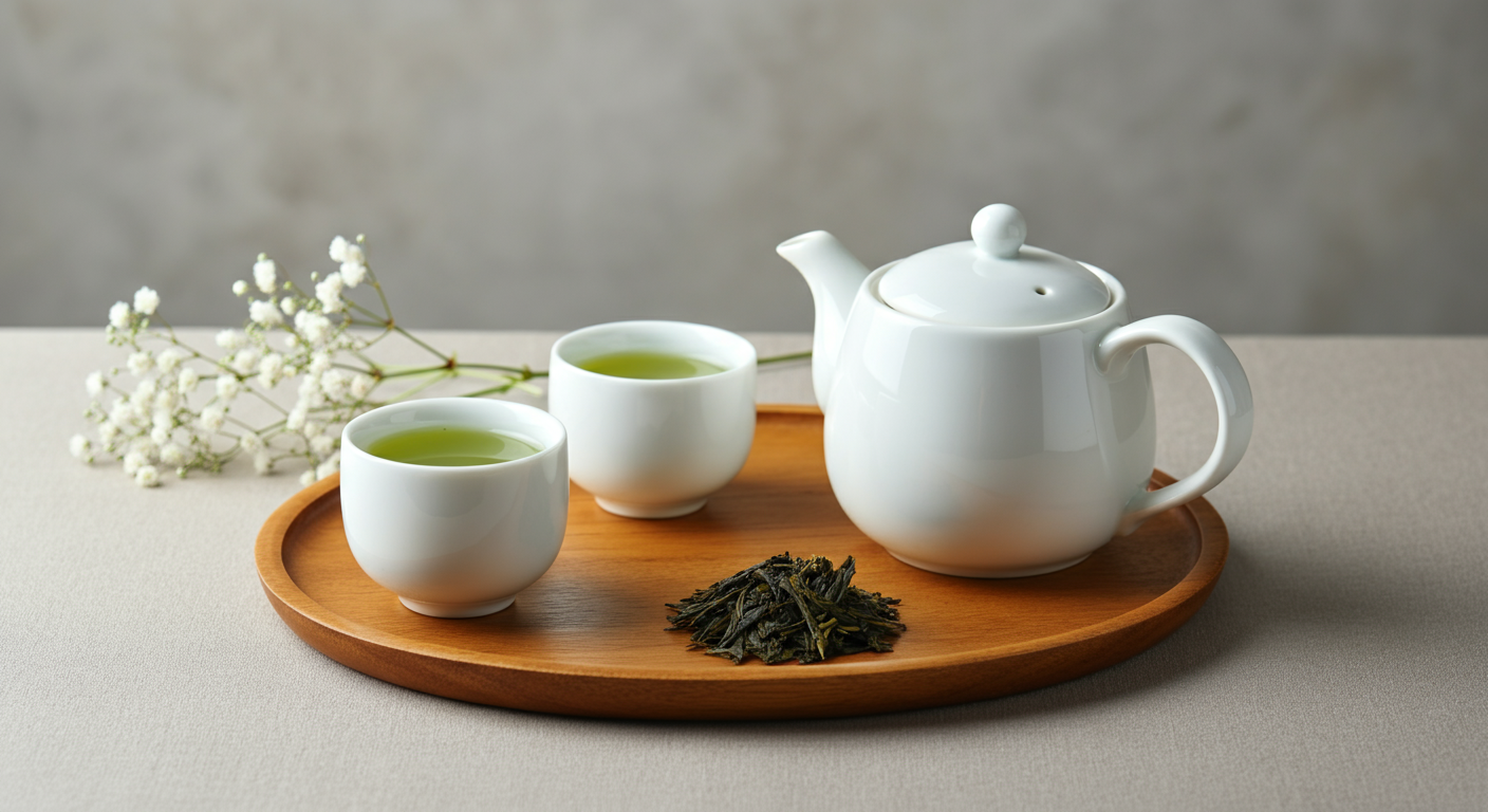 White teapot with two cups of gyokuro green tea on a wooden tray, with dried gyokuro leaves and white flowers.