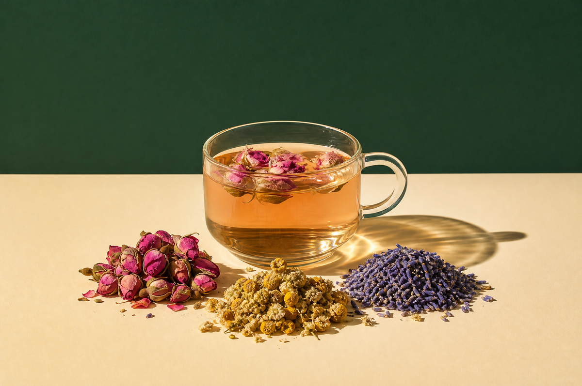 A wide clear glass cup of pale rosy-gold floral tea with a few dried rosebuds floating on top