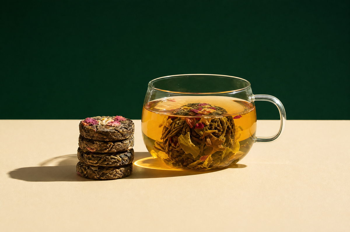 A short stack of small compressed round tea disks made of pressed dry tea leaves and flower petals