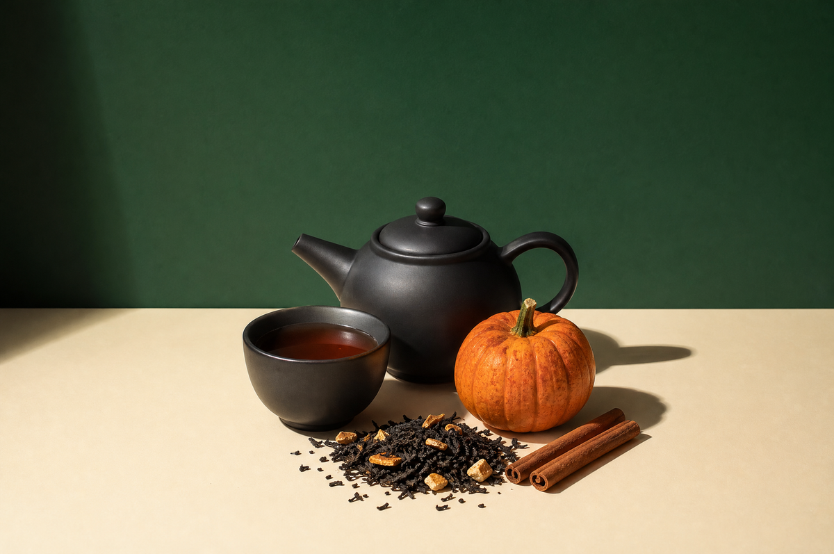 Halloween tea: black teapot, pumpkin and spiced black tea leaves