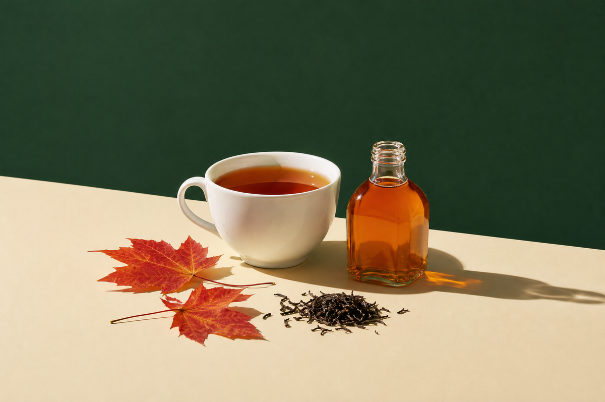 Maple tea with maple syrup and autumn maple leaves