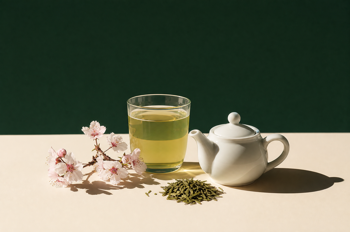Spring tea: green tea with cherry blossom and a white teapot