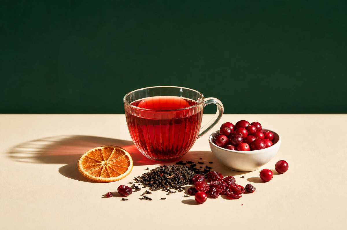 Cranberry tea in a glass cup with fresh and dried cranberries