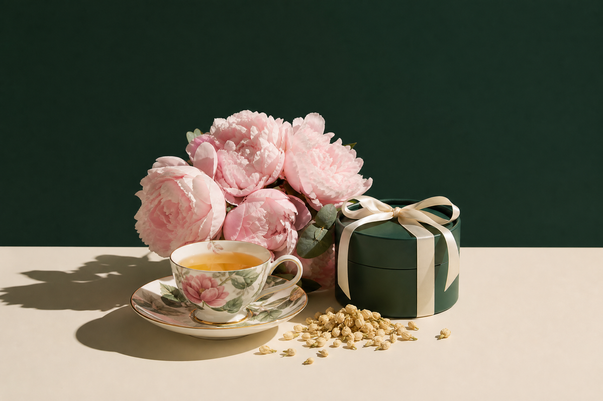 Mother's Day tea gifts: floral cup and saucer, peonies and a gift tin