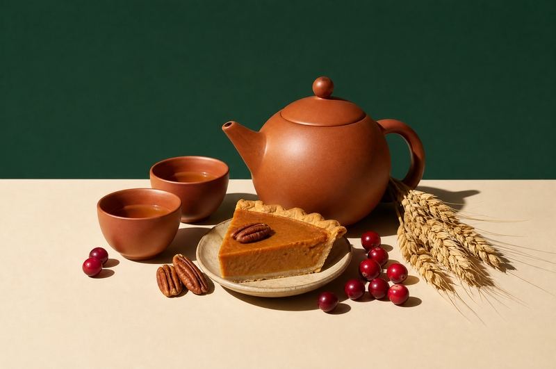 Thanksgiving tea: clay teapot, cups of spiced tea, pumpkin pie, pecans and cranberries