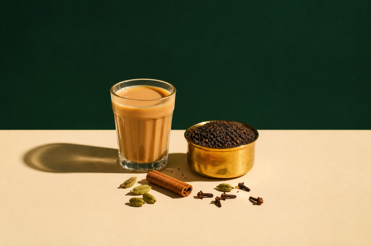 A small clear glass of milky tan masala chai, a small brass bowl of dark granular Assam black tea