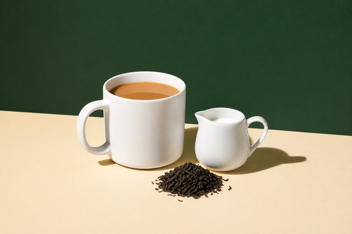 A sturdy plain white stoneware mug of strong black tea with milk, a deep caramel-brown color