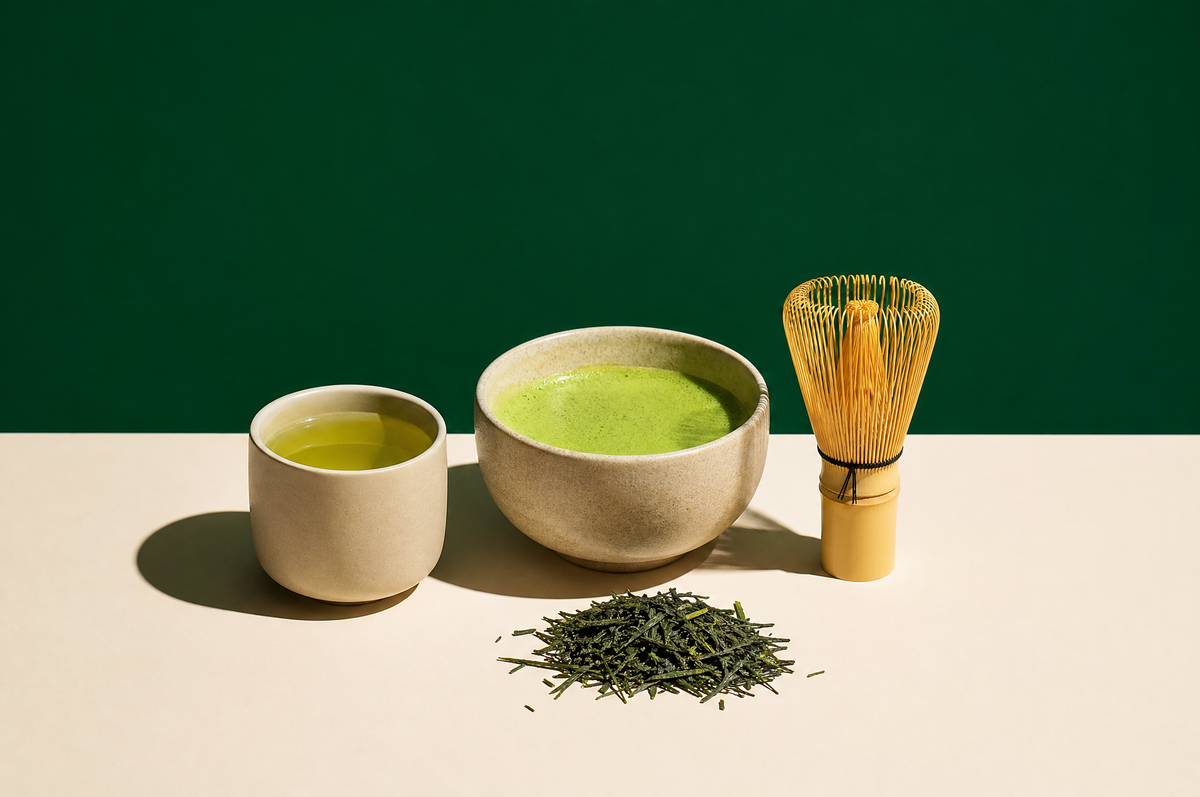 A plain handleless ceramic Japanese teacup of bright yellow-green sencha