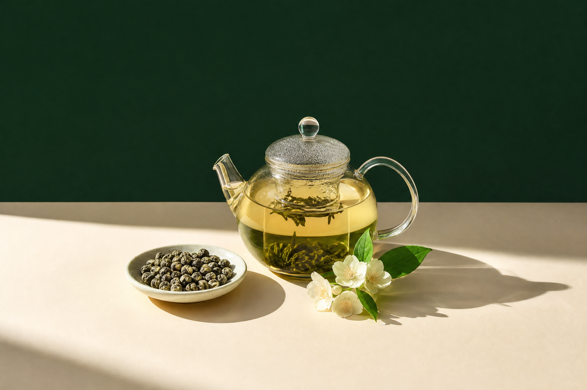 A round clear glass teapot of pale yellow-green jasmine tea