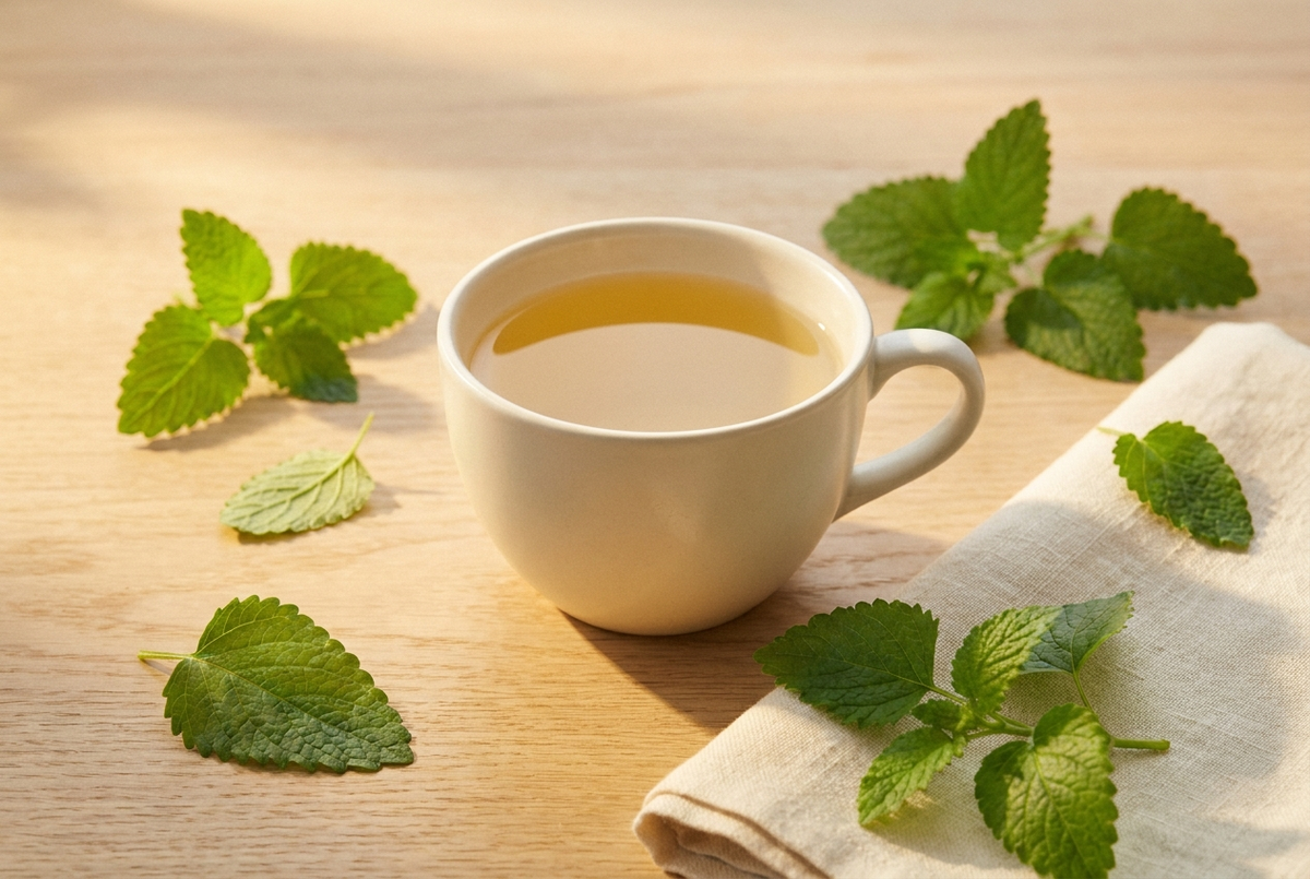 Lemon balm tea — cup of pale golden lemon balm herbal tea with fresh Melissa leaves