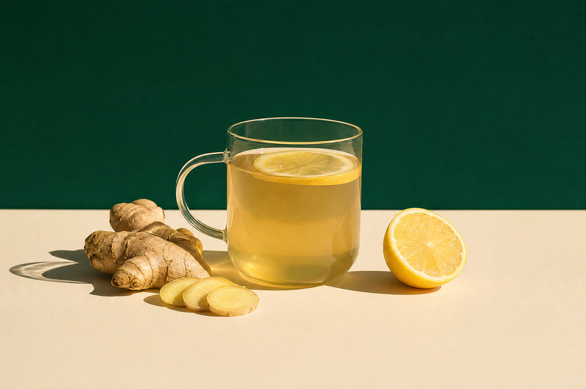 A clear glass mug of pale golden lemon ginger herbal tea with a thin lemon slice floating in it