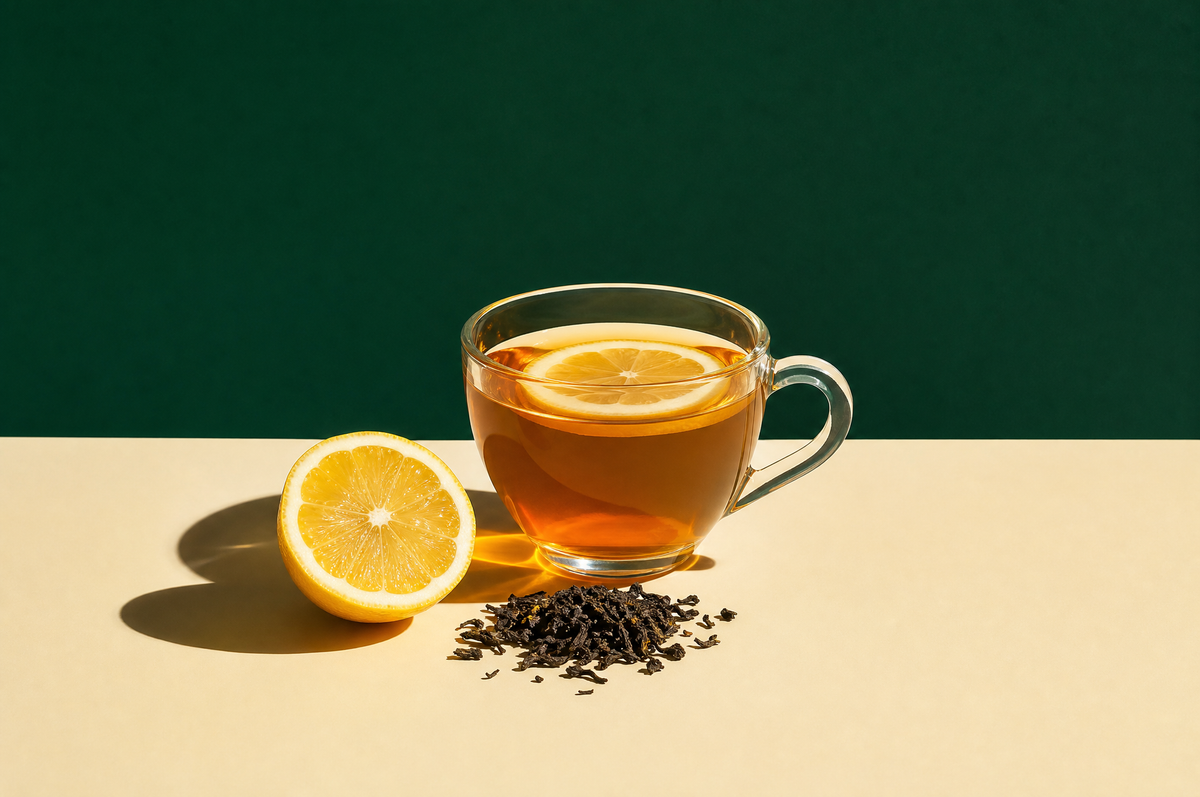 A clear glass teacup of bright amber tea with a thin lemon wheel floating in it