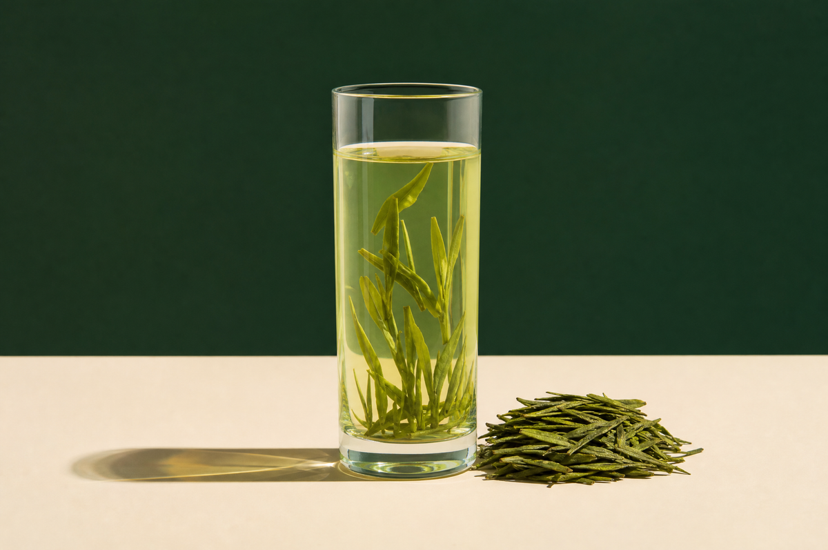 A tall clear glass tumbler of pale jade-yellow green tea with a few flat