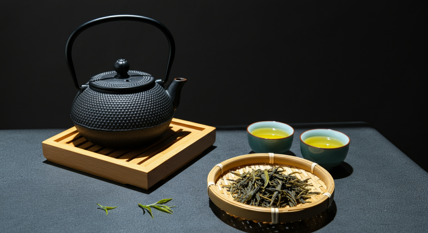 Black cast iron teapot on a wooden tray with two cups of green tea and fresh longjing leaves on a bamboo platter, softly lit by sunlight.