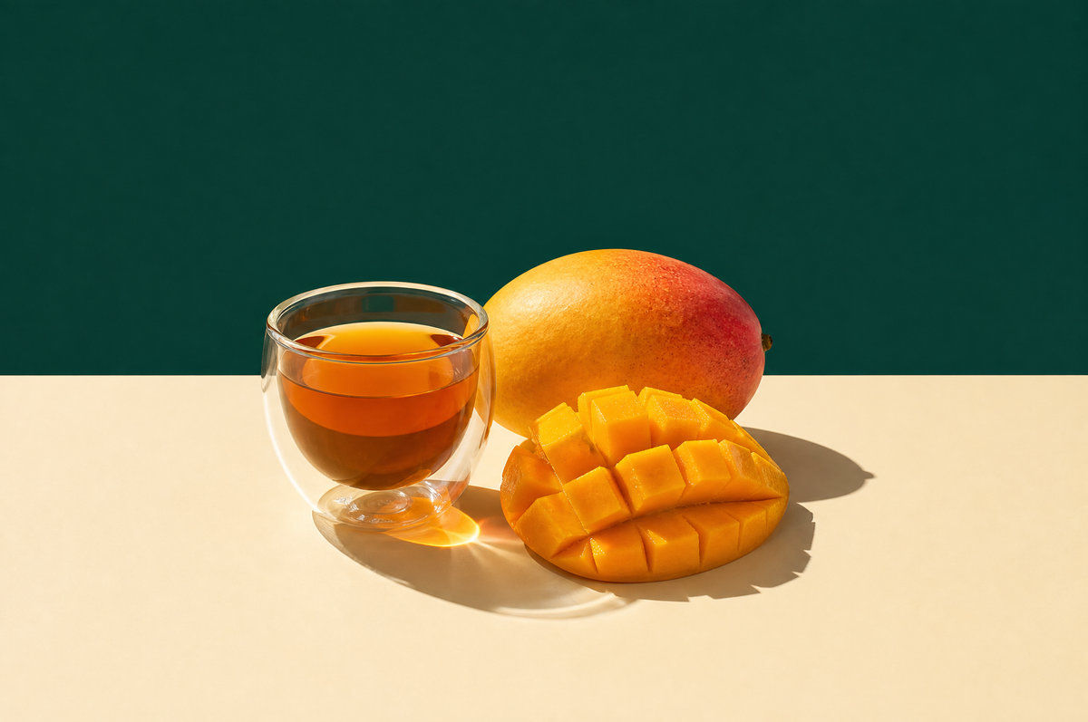 A short double-wall clear glass cup of deep amber mango black tea