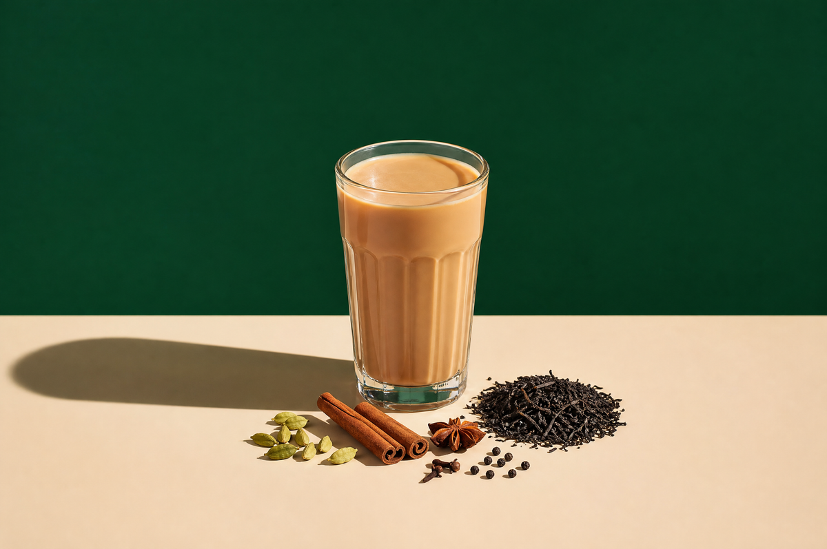 A tall clear glass of creamy tan milky masala chai, beside a small scattering of whole spices: green cardamom pods