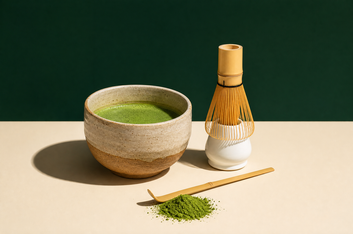 A wide handmade ceramic matcha bowl filled with frothy bright jade-green whisked matcha