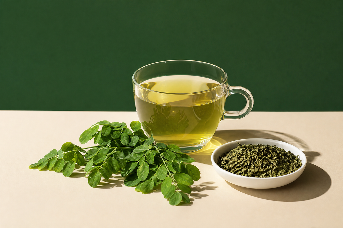 A clear glass cup of light yellow-green moringa leaf tea