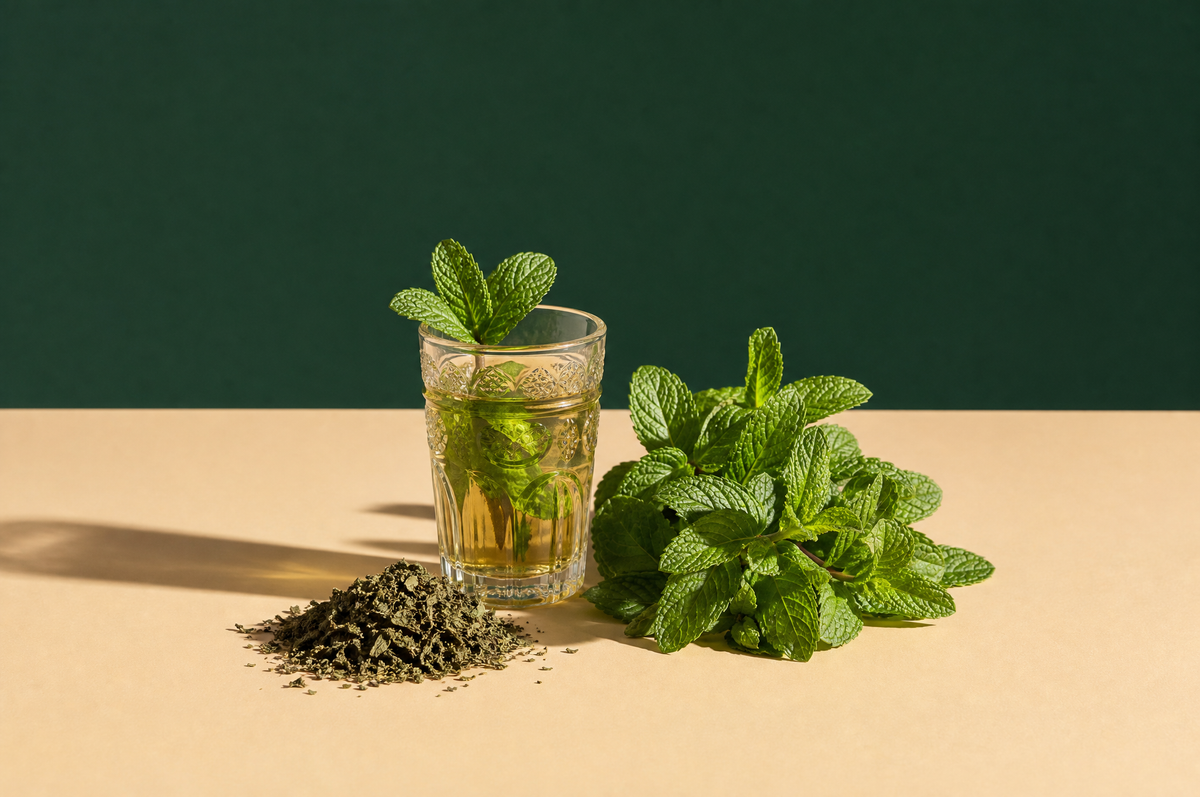 A small clear Moroccan-style tea glass of pale golden-green mint tea with a fresh mint sprig standing in it