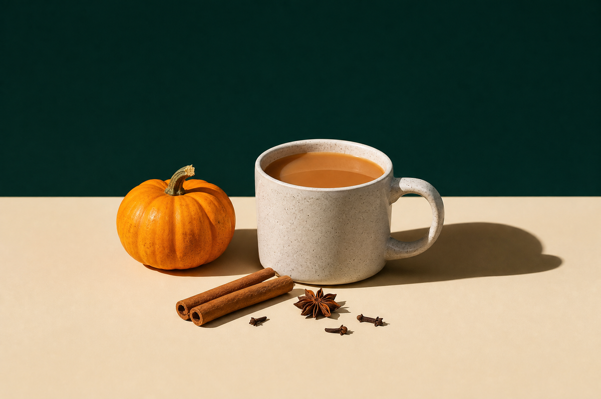 A small round orange pumpkin next to a speckled cream stoneware mug of milky caramel-brown spiced chai tea