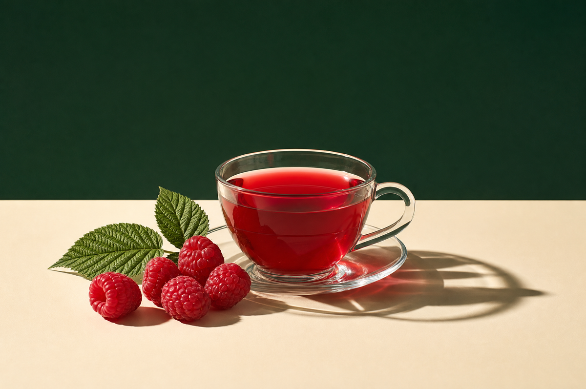 A clear glass teacup on a matching glass saucer filled with ruby-red raspberry herbal tea
