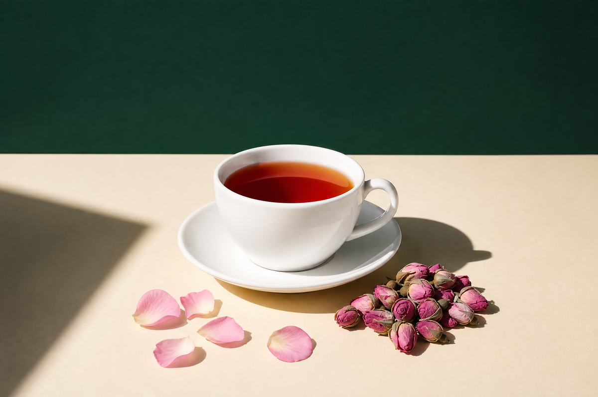 A plain white porcelain cup and saucer of rosy-amber rose black tea, a small pile of dried pink rosebuds