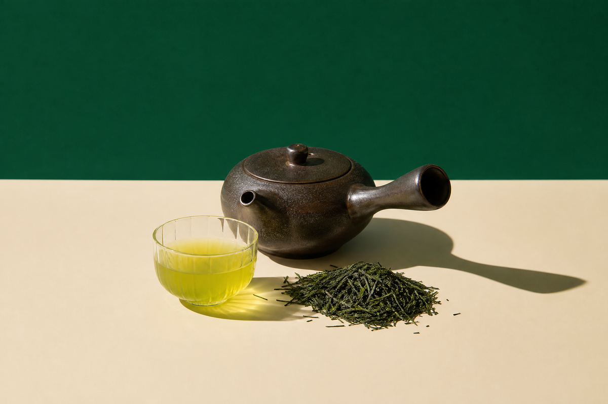 A small Japanese side-handle kyusu teapot in dark glazed clay beside a small clear glass cup of bright yellow-green sencha