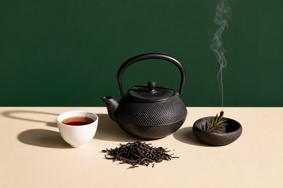 A dark cast-iron teapot and a small white porcelain cup of deep reddish-brown smoky black tea