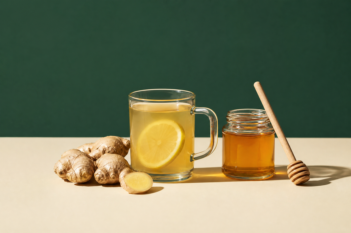 A clear glass mug of pale golden ginger-lemon tea with a lemon slice inside