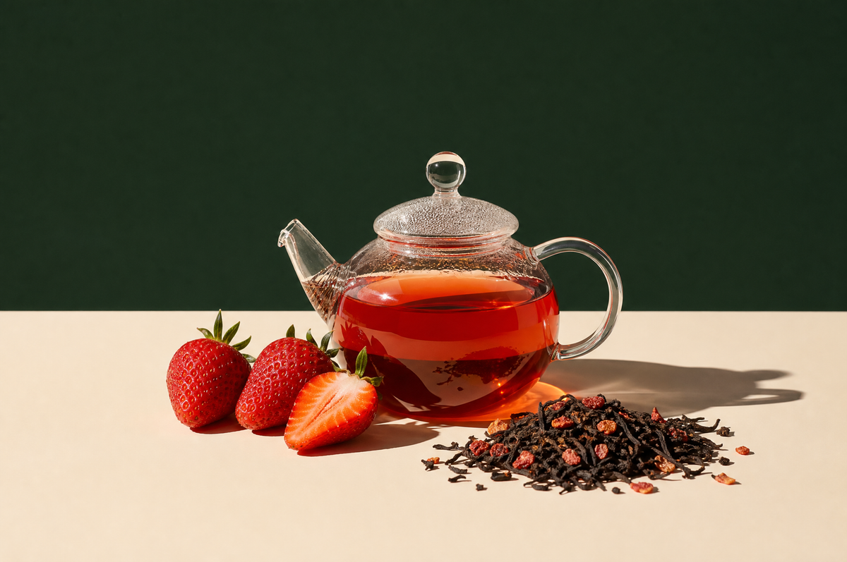 A round clear glass teapot of rosy red-amber strawberry black tea next to three fresh strawberries, one cut in half