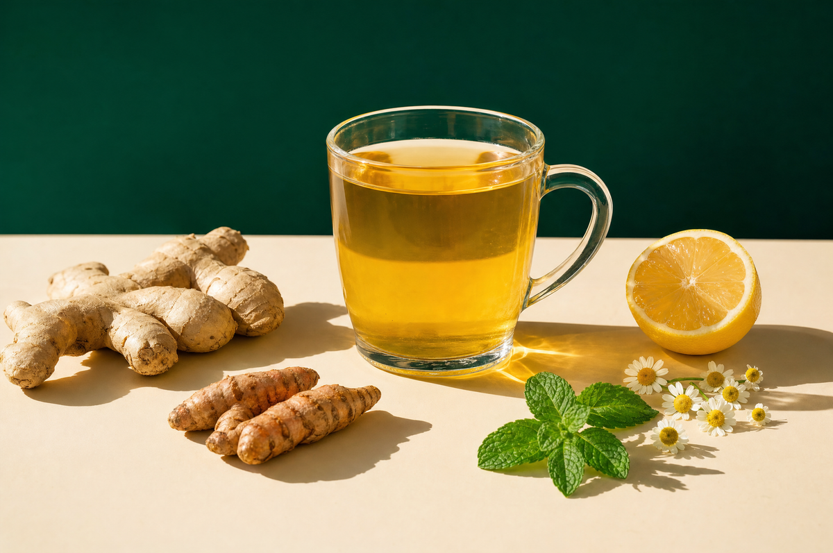 Glass mug of herbal tea with ginger, turmeric, lemon, mint and chamomile