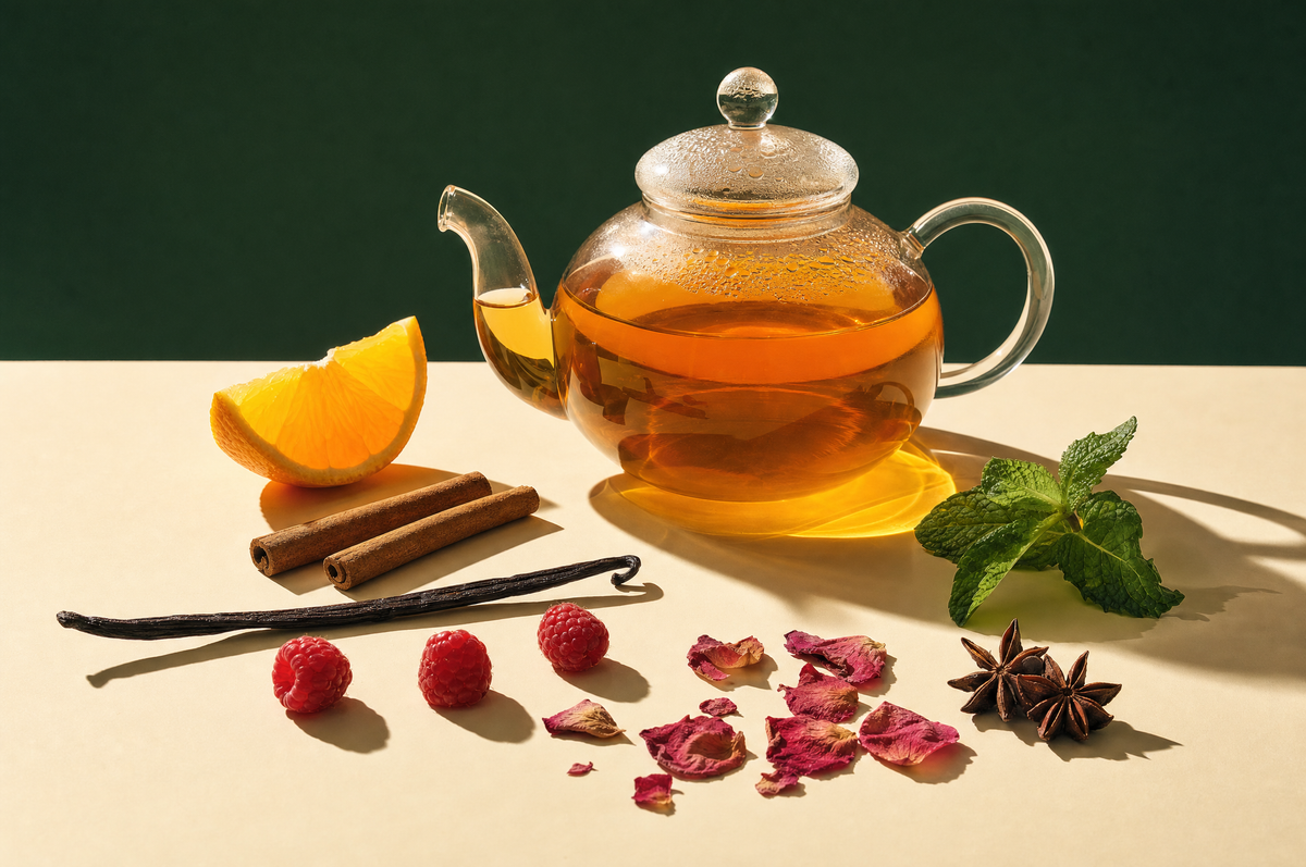 Glass teapot of tea with orange, cinnamon, vanilla, raspberries, rose petals, star anise and mint