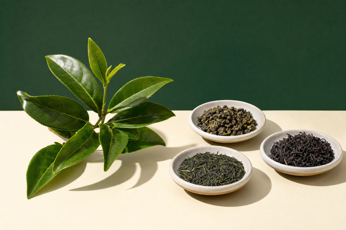 Fresh tea plant branch beside dishes of sencha, oolong and black tea