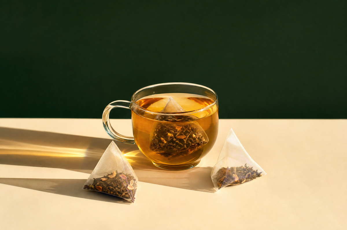 Three translucent nylon-mesh pyramid tea sachets filled with loose leaf tea