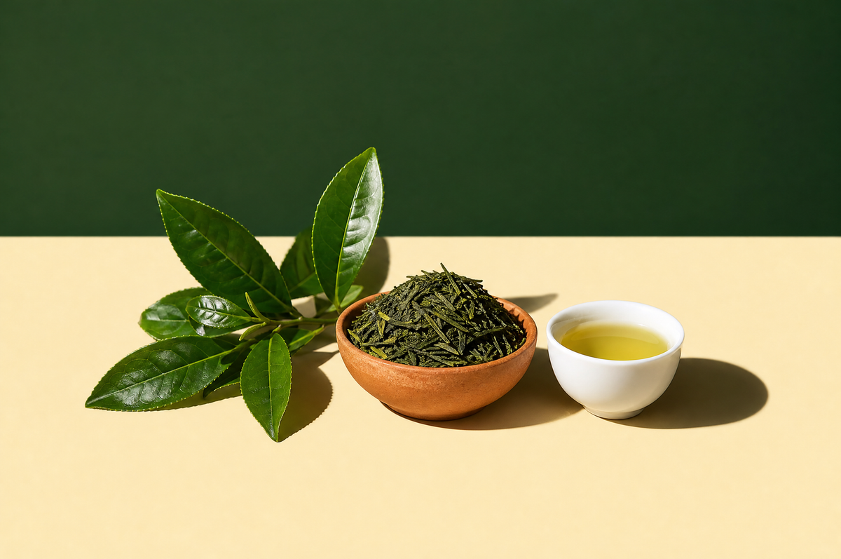 A fresh sprig of glossy green tea-plant leaves laid beside a small unglazed terracotta bowl heaped with loose dried green